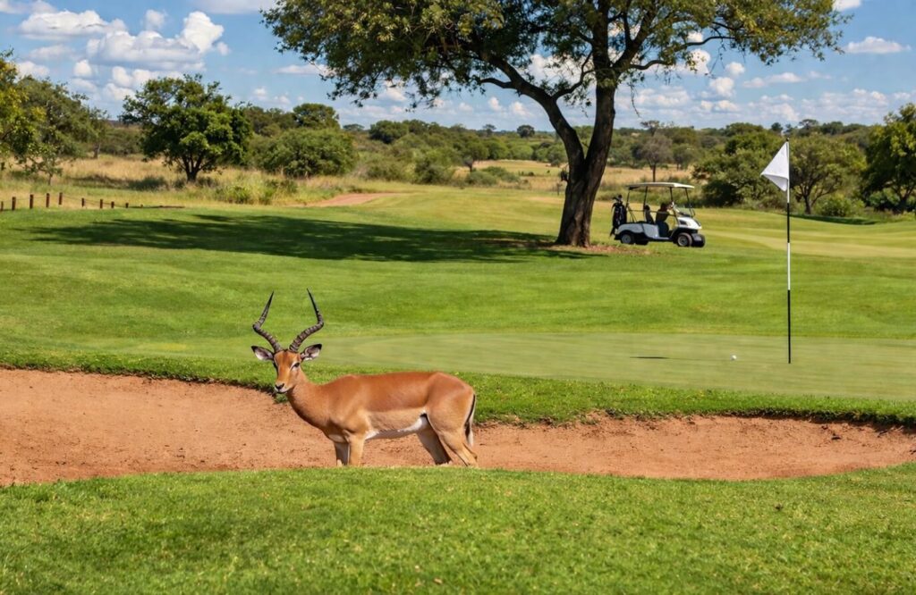 Antelope standing beside a sand bunker on a peaceful golf course surrounded by trees and open grassland.