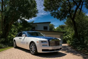 Luxury vehicle parked outside Crystal Blue villa at Eden Rock Forest Estate.